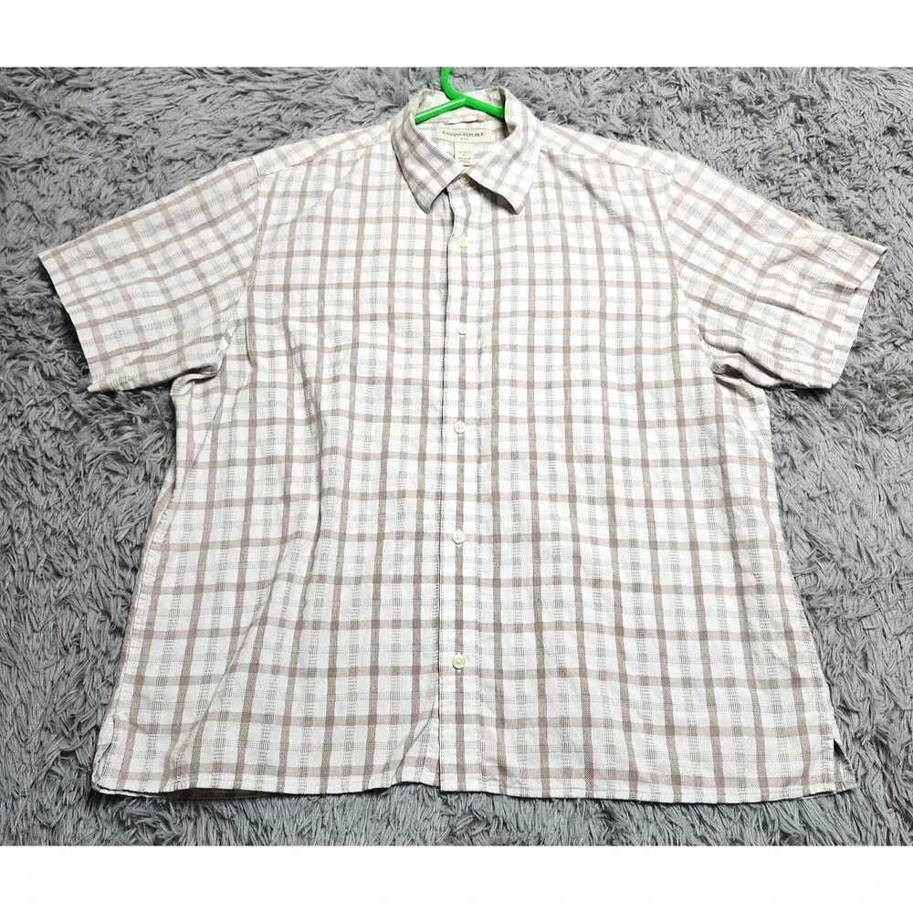 Banana Republic Dress Shirt Mens Size XL XLarge 17‎ 17 1/2 White Brown Check